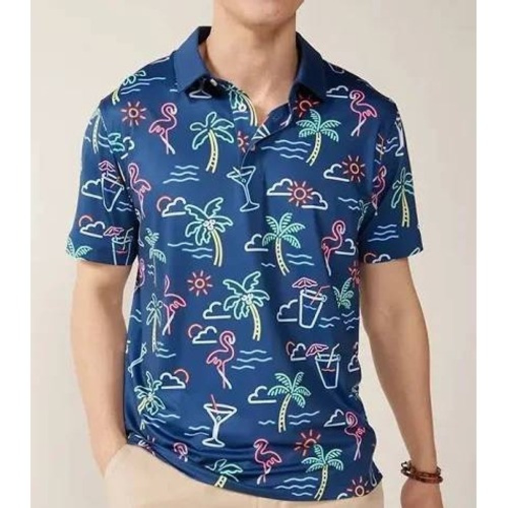 Chubbies Mens XL The Neon Light Tropical Flamingo Performance Polo Navy Blue